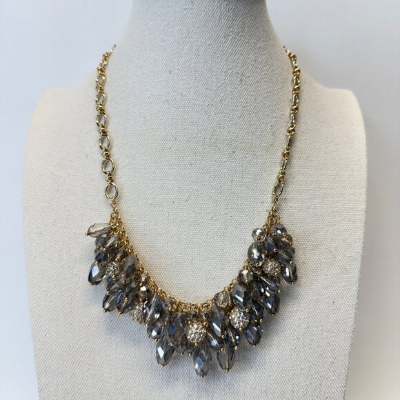 Beaded Cluster Necklace Gold-Tone Chunky Statement Faceted Glass - Picture 1 of 5